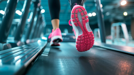 Fototapeta premium A person running on a treadmill with muscled calves and pink sports shoes, a symbol of fitness, a healthy lifestyle, and self-development
