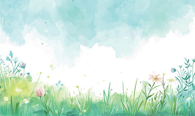 grass and flowers with sky watercolor background