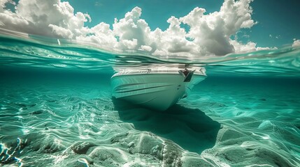 Underwater view of a motorboat.