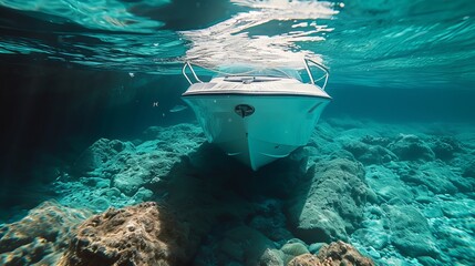 Underwater view of a motorboat.