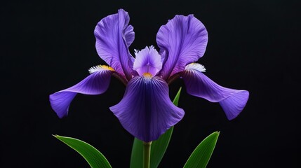 Natural iris flower blossoming against a black background, with delicate vivid violet petals