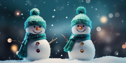 Fototapeta premium Cute snowman standing in winter Christmas forest,