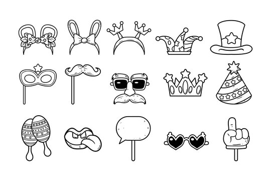 Party photo booth props outline sketch vector illustration set