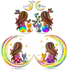 A set of stained glass illustrations with a girl ,cat and moon, isolated on a white background