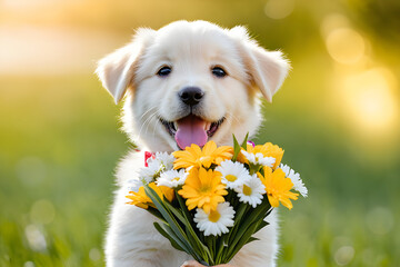 A dog smiling with a bouquet of flowers. Generative AI