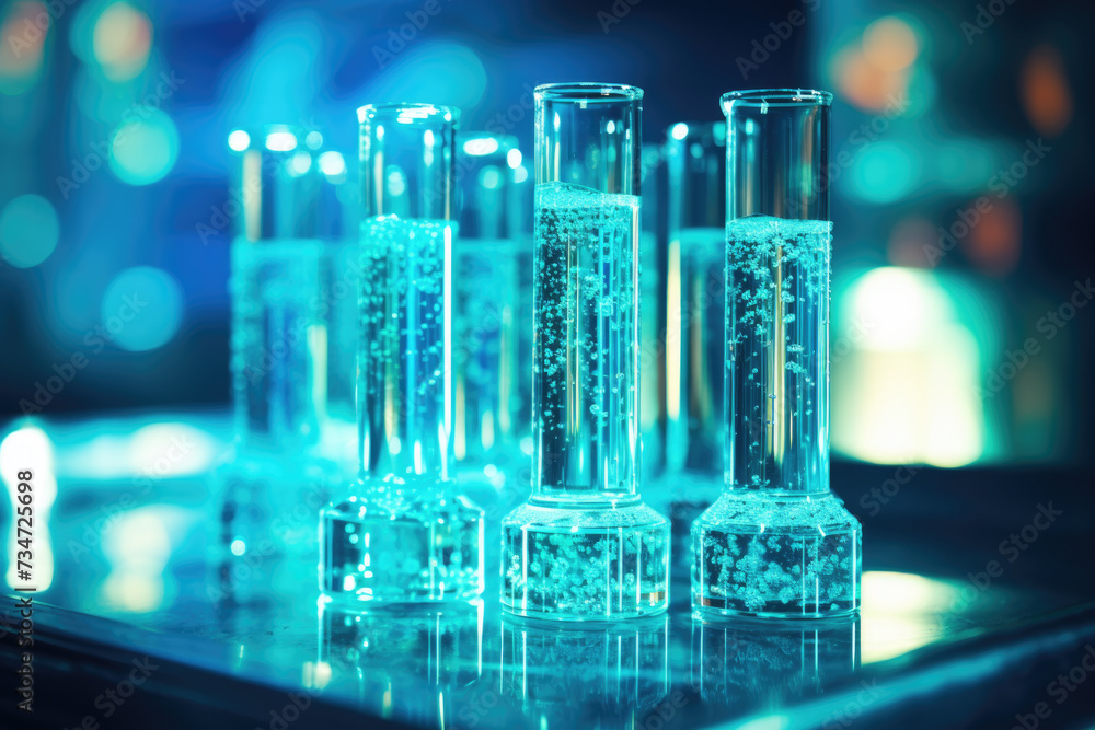 Poster row of test tubes filled with various liquids. can be used for scientific experiments or laboratory 