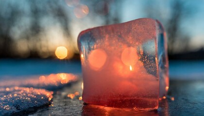 Ice cube winter red and blue with bokeh.