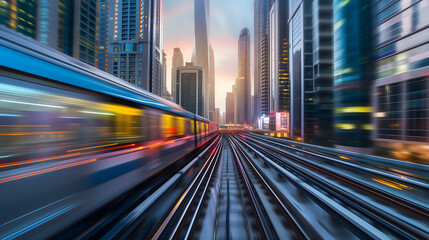 Fototapeta na wymiar a train in blurred motion slicing through the heart of a bustling metropolis, embodying the pulse of urban life