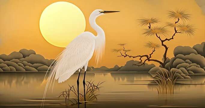 Moving animation of a Japanese style Byobu folding screen art in Ukiyo-e style of an Egret standing in a swamp against the sunset