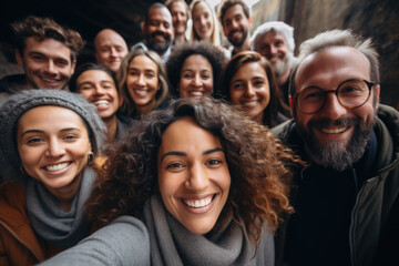 Group of people posing together and taking selfie. This image can be used to showcase friendship, social gatherings, or capturing moments with loved ones