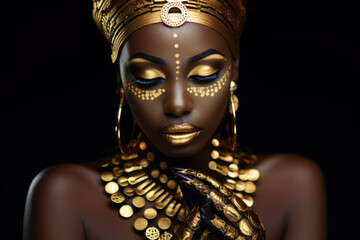 Close-up shot of woman with stunning gold makeup. Perfect for beauty and fashion-related projects