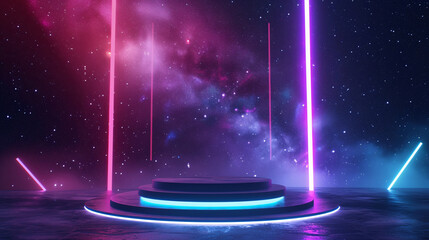 A Futuristic 3D Podium Suspended in the Void, Set against a Minimalist Abstract Background of Neon Stripes and Geometric Shapes.