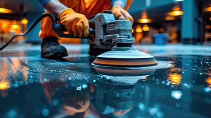 Worker polishing epoxy floor with high speed polishing machine