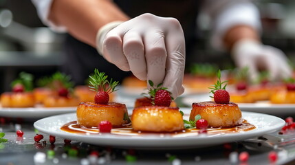 Chef garnishing seared scallops with a red berry and herbs on a white plate in a professional kitchen.
