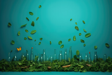 Bottles with leaves flying around them. Versatile image suitable for various projects