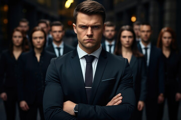 Professional man in suit confidently stands in front of group of people. This image can be used to represent leadership, teamwork, or business presentations