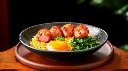 Succulent grilled scallops over noodles with spinach and a soft-boiled egg on a dark plate.