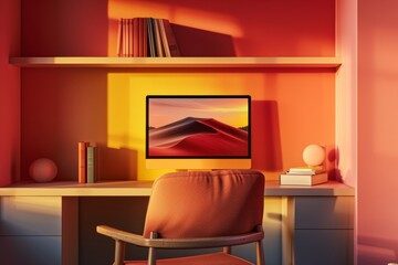 Warm home office corner with vibrant red and orange tones, equipped with a modern computer and comfortable seating, perfect for productive tasks.