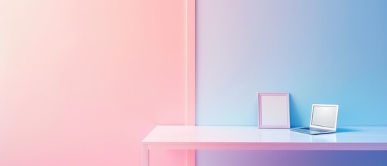 Contemporary workspace with a dual-tone background, sleek laptop, and minimalistic design, reflecting a blend of tranquility and modernity.