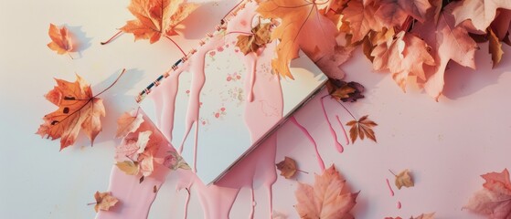 Autumnal artistic composition with fallen leaves and dripping pink paint over a notebook. A fusion of nature and creativity.