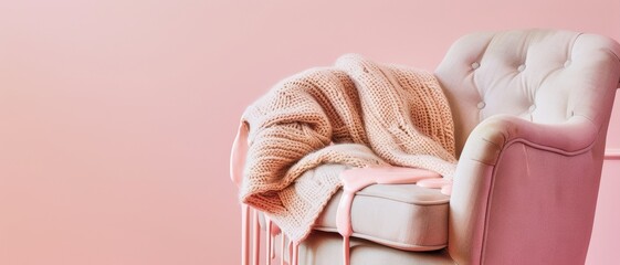 Cozy armchair with a knitted blanket and dripping pink paint, symbolizing comfort and creativity in home decor.