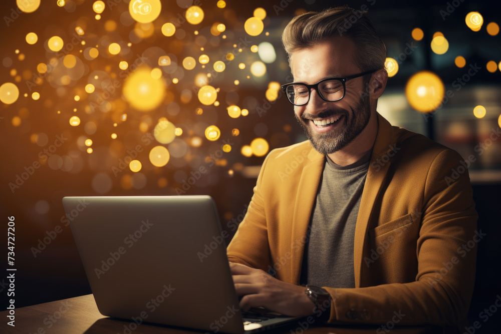 Poster man sitting at table using laptop computer. perfect for illustrating technology, work, and productiv
