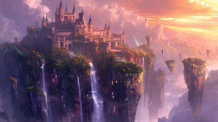 Fantasy landscape with majestic castle atop floating cliffs. Dreamy escape and imagination.