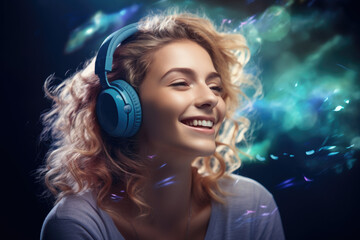 Woman wearing headphones and smiling. Perfect for illustrating happiness and music enjoyment