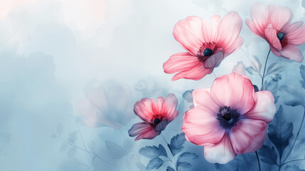 Artistic Anemones with Soft Blue Tones, Digital art of pink anemone flowers against a soft blue backdrop with a dreamy feel.
