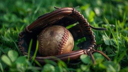 Baseball and Glove in Grass Close-up Shot, Close-up of a used baseball and leather glove lying in vibrant green grass.