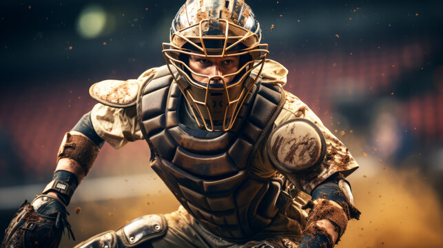 Baseball Catcher in Action Dusty Atmosphere, A focused baseball catcher crouched in a dynamic pose, dirt flying, under stadium lights.