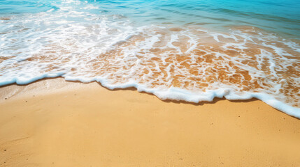 Serene Beach with Waves and Golden Sand, Gentle waves wash over golden sand at a tranquil beach, embodying peaceful relaxation.