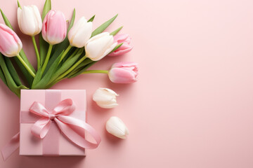 Fototapeta premium Beautiful bouquet of pink tulips accompanied by pink gift box. Perfect for expressing love and appreciation. Suitable for various occasions and celebrations