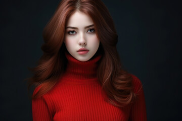 Woman wearing red turtle neck sweater. Suitable for fashion, winter clothing, and cozy concepts