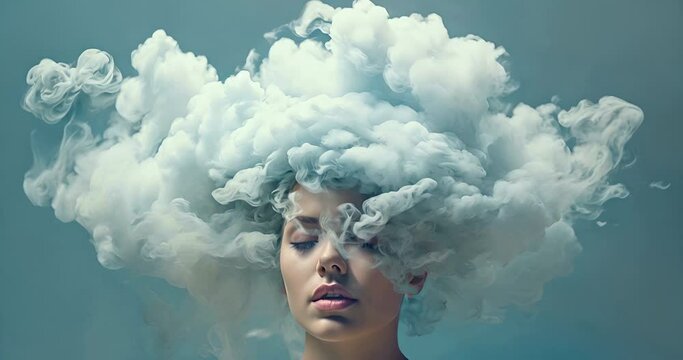Head in the Clouds - White woman with makeup having her head overtaken by small clouds