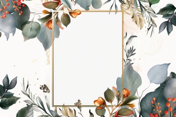 lush, hand-painted floral frame overflowing with colorful blooms, vibrant leaves, and plump berries, all set against a crisp white background - obrazy, fototapety, plakaty