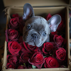 Puppy in a box with roses. Present. Generative AI