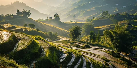  A highway overlooking a series of terraced rice paddies, with the terraces glowing in the morning light © colorful imagination