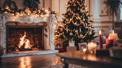 Warm and inviting living room decorated with festive Christmas tree and crackling fireplace