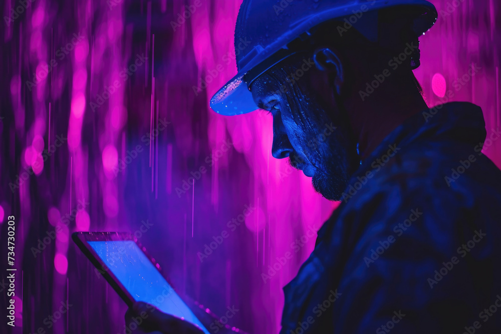 Poster man wearing hat is using tablet computer. this image can be used to illustrate technology, communica