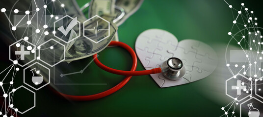 A stethoscope on money and a puzzle heart. Health insurance. Healthcare and medicine. How much is the treatment. Money and medicine. World Heart Day. World Health Day.