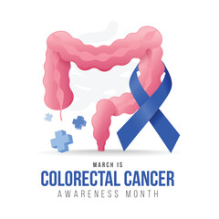 March is Colorectal Cancer Awareness Month - Blue ribbon awareness cross pink colorectal sign and 3d cross around vector design
