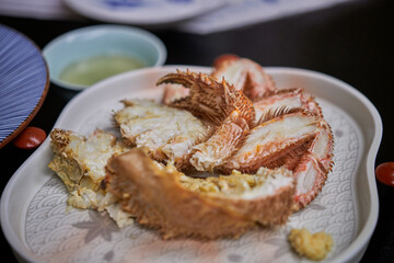 Raw Hokkaido hairy crab dishes. Selective focus