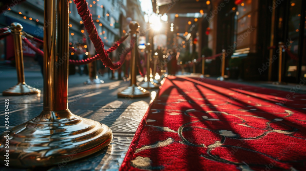 Poster luxurious red carpet with elegant gold poles. perfect for adding touch of glamor to any event