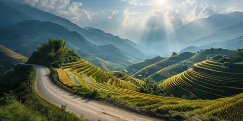 A highway overlooking a series of terraced rice paddies, with the terraces glowing in the morning...