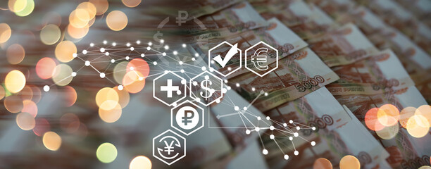 Russian money background. Russian roubles, russian rubles cash closeup. Rubles in cash. Finance and business background. 5000 rubles. Money macro.
