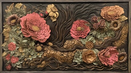 Elegant Floral Bas Relief Artwork with Vibrant Sculpted Flowers - obrazy, fototapety, plakaty