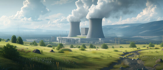 Nuclear power plant with cooling towers with steams in beautiful nature. Clean renewable green energy concept. 