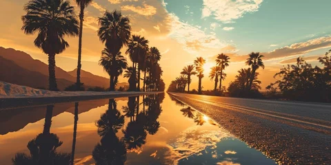 Zelfklevend Fotobehang A highway near a desert oasis, with palm trees and water reflecting the warm colors of sunrise © colorful imagination