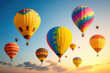 Fototapeta premium Colorful hot air balloons flying in sky. Perfect for travel, adventure, and outdoor concepts